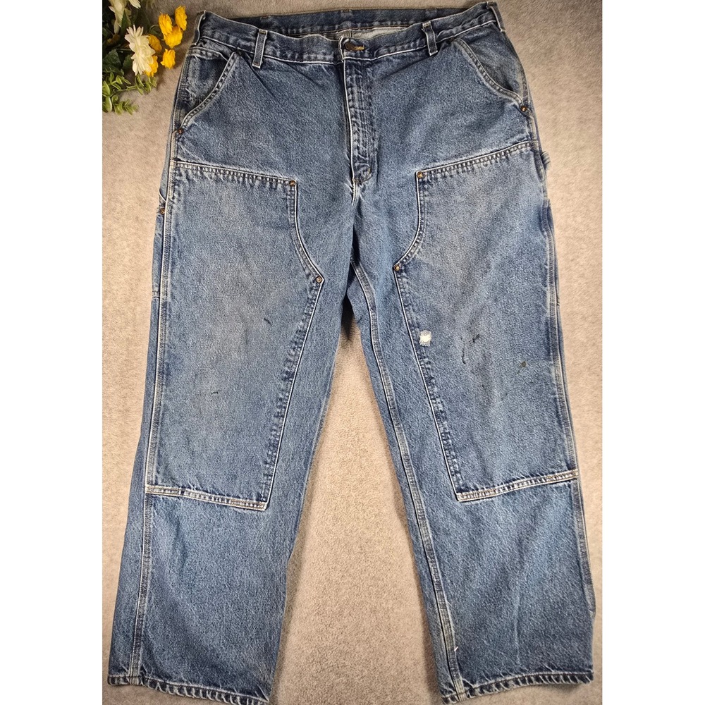 Carhartt B73-DST Jeans Mens 40x30 Blue Loose Fit Double Knee Workwear Denim